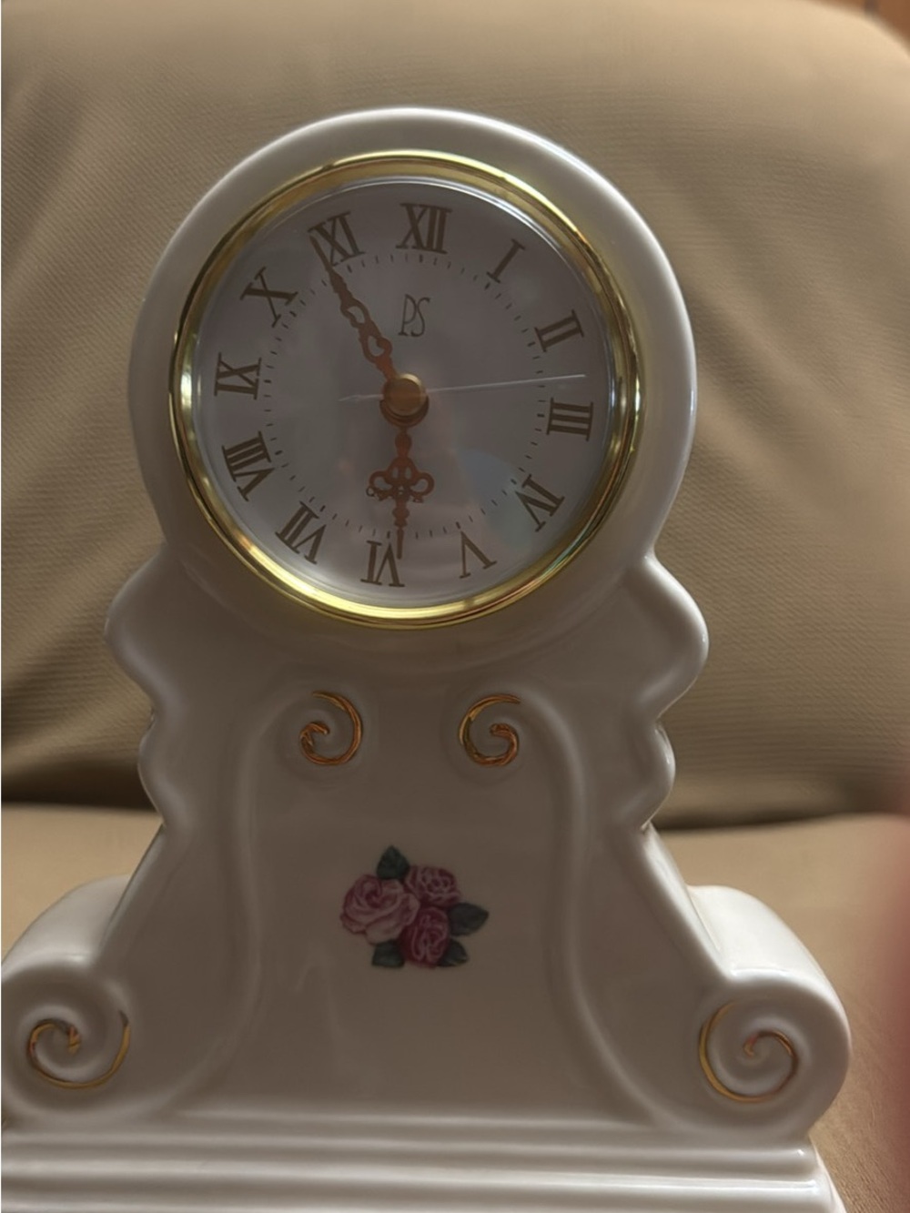 White Ceramic Mantel Clock with Gold Accents and Rose Detail